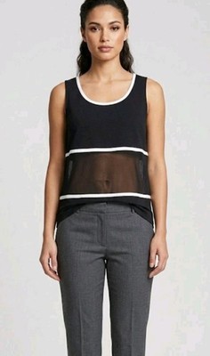 ANNE KLEIN BLOUSE LARGE RETRO BLACK & MESH SHEER SLEEVELESS