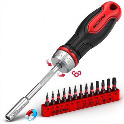 14-Piece 1/4  Magnetic Ratcheting Screwdriver Bit Set, T4-T40 Red and Black