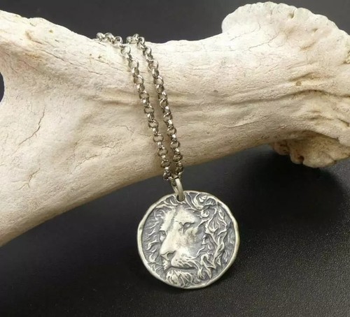 Handmade Unique Antiqued Sterling Silver Lion Head Round Charm Pendant Necklace - Picture 9 of 14
