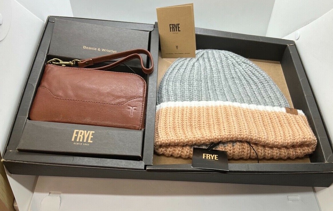 Frye Brown Leather Color Block Wristlet and Beanie Hat  display picture 1