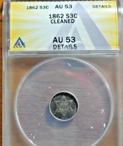 1860 THREE CENT SILVER ~ NICE 3c. AU ABOUT UNCIRCULATED ANACS AU 53 ! - Picture 2 of 9