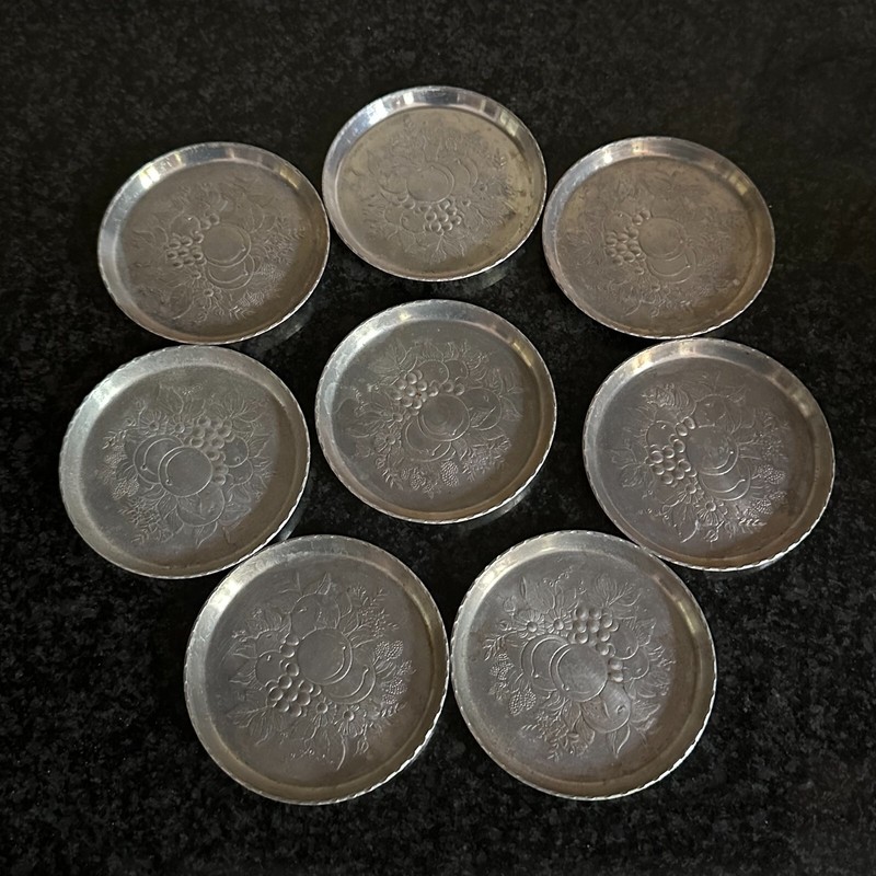 Vtg Set of 8 Stainless Steel Coasters Fruit Flowers Embossed 60s 70s MCM Lot