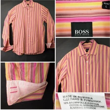 Hugo Boss Mens Large 41/42 (44in Chest) Pink Orange Stripe French Cuff Button Up