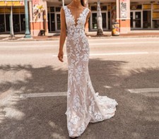 Beach Mermaid Wedding Dresses V Neck Backless Bridal Gown Appliques Sweep Train