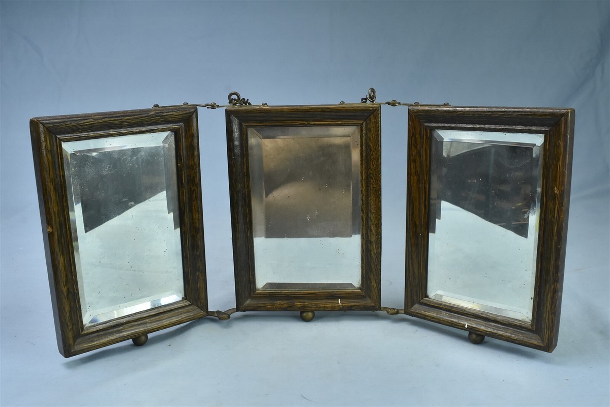 Antique 1800s TRI FOLD OAK SHAVING MIRROR BEVELED TOOLED LEATHER