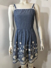Buttons Francescas New Womens Small Sleeveless Chambray Embroidered Dress Lined