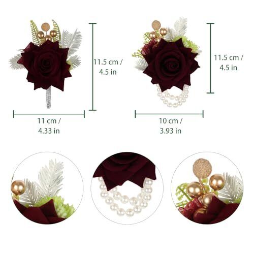 2 Stück Corsage und Boutonniere Set, Rose Handgelenk Corsage für Bräute Burgund - Bild 8 von 8