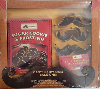 Mustache Sugar Cookie & Frosting Mix 3 Cookie Mold 4 Adhesive Mustaches New Box