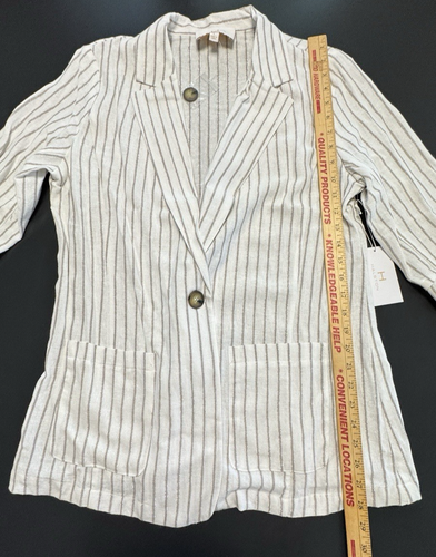 NUOVO Halston Giacca Blazer Lino Bianco Beige Righe Metallizzate Fidanzato Shacket L - Foto 10 di 12