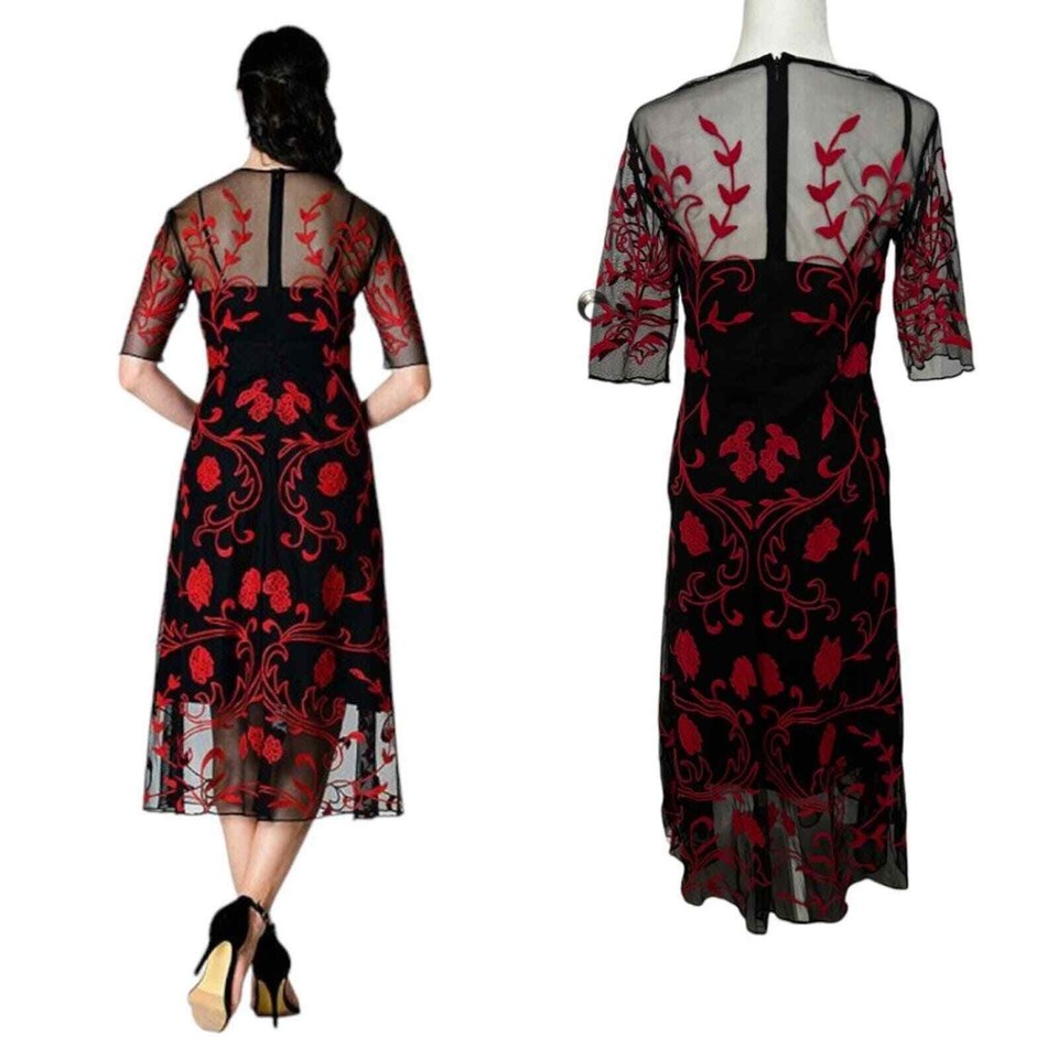 ESHAKTI Floral Embellished black/red midi cocktail party dress med. 8