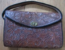 Vtg Tooled Leather Handbag Purse Floral Pattern Heavy Tooling Inside and Out