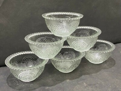 Alt Vintage Selten Crystal Clear Glas Wüste / Eis Creme 6 PC Carnival Bowl Japan