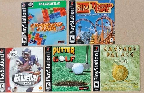 PS1 Lot of 5 w Manuals - Crossroad Crisis, Sim Theme Park, GameDay, Golf, Caesar