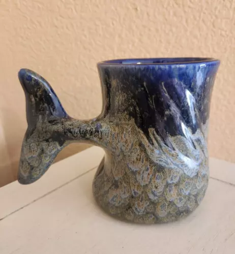 Vintage DOUG WYLIE Blue Dolphin WHALE TAIL Handle Glazed Ceramic Mug