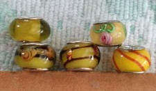 Lot of 5 Mixed Yellow Handmade Murano Glass Large Hole Beads Marked 925