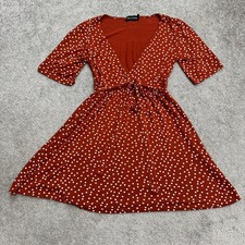 PrettyLittleThing Polka Dot A-Line Dress Womens 4 Orange Short Sleeve Stretch