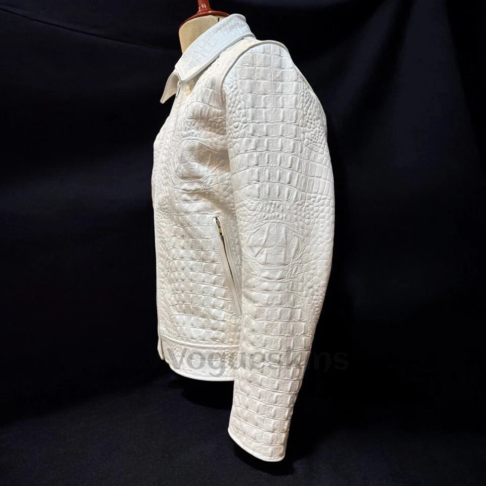 Men's Leather Jacket White Alligator Embossed Crocodile Leather Jacket new - Image 3 of 4