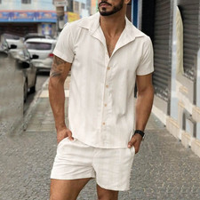 Men Spring Summer Two Piece Set Beach Short Sleeve Shirt Short Pant Set With