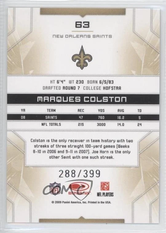 2009 Donruss Limited /399 Marques Colston #63 - Image 2 of 2