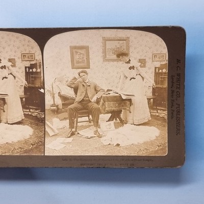 Viktorianischer Humor Stereoview 3D um 1900 Echtfoto Eheleben wütende Frau Satire