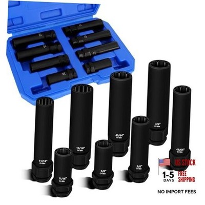 8PCS Spline Lug Nut Socket Set, 5, 6, 7, 12 Spline Locking Lug Nut Key, SAE &