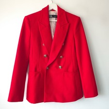 Zara Red Textured Double Breasted Jacket Blazer M Medium 10 12 