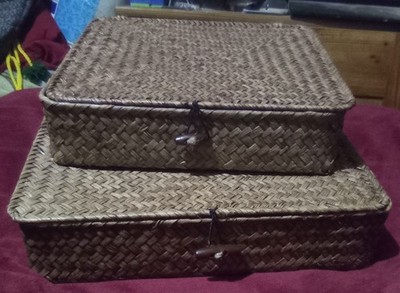 2 Seagrass Wicker Storage Baskets with Lids Home Decor 13''x11''x3''--11''x9''x2.5''