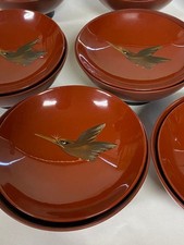 Wooden Lidded Bowl Bird Pattern 9pc Set Vintage Collectible Handmade