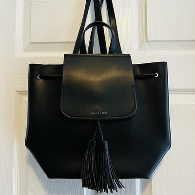 CHARLES & KEITH Genevieve Tassel Backpack Black Faux Leather NWOT