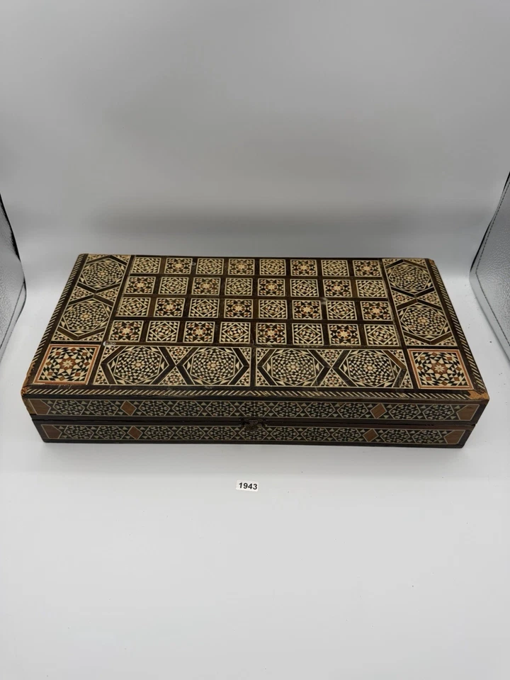 VTG Syrian Damascus Inlaid Backgammon Chess Board Wood & Bone Mosaic Marquetry - Image 3 of 4