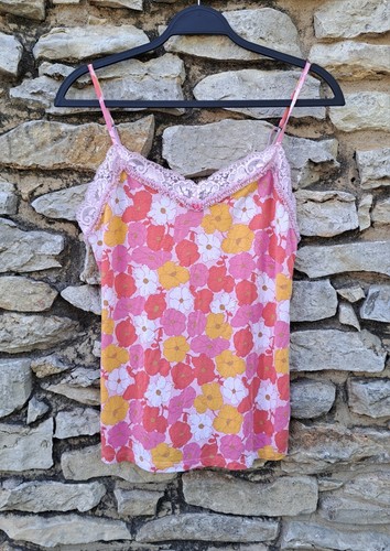 Vtg Victoria's Secret Camisole Medium Modal Blend Pink Yellow Mod Floral Lace
