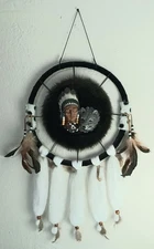 Vintage 29" Native American Indian Dream Catcher Mandella Wool Fur Leather Beads
