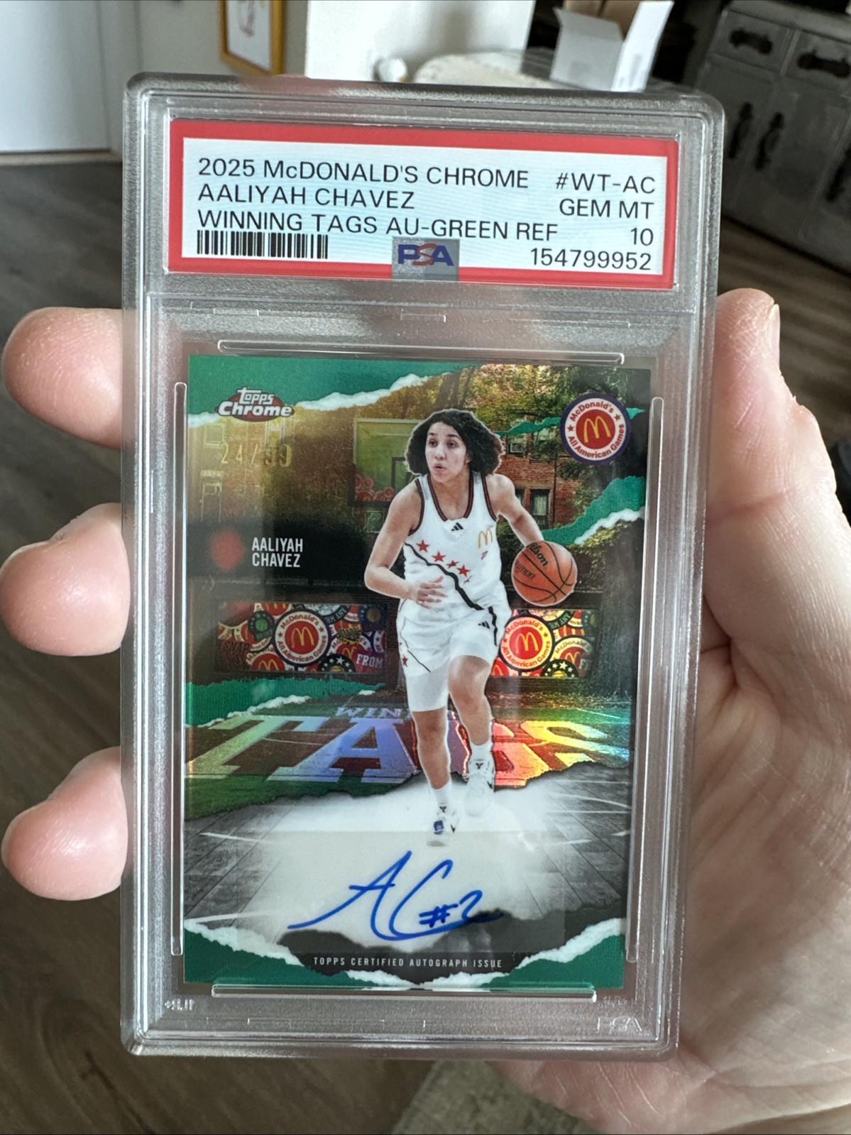 2025 McDONALD'S CHROME AALIYAH CHAVEZ /99 WINNING TAGS AUTO GREEN POP 1 PSA 10