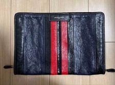 Leather Stripe Clutch Bag Navy & Red Genuine Leather Wallet