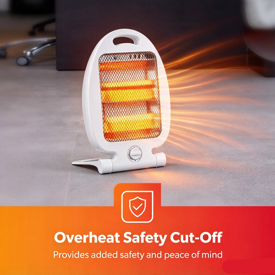 800W Portable Electric Halogen Heater White Double Quartz Tip Over ...