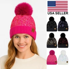 C.C Exclusive Women Winter Soft Knit Shiny Sequin Cuff Beanie Hat with Pom
