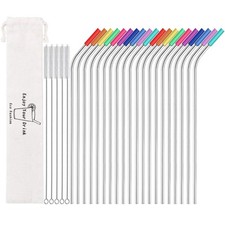 Set of 20 10.5" Reusable Bent Stainless Steel Straws with 20 Silicone Tips 5 ...
