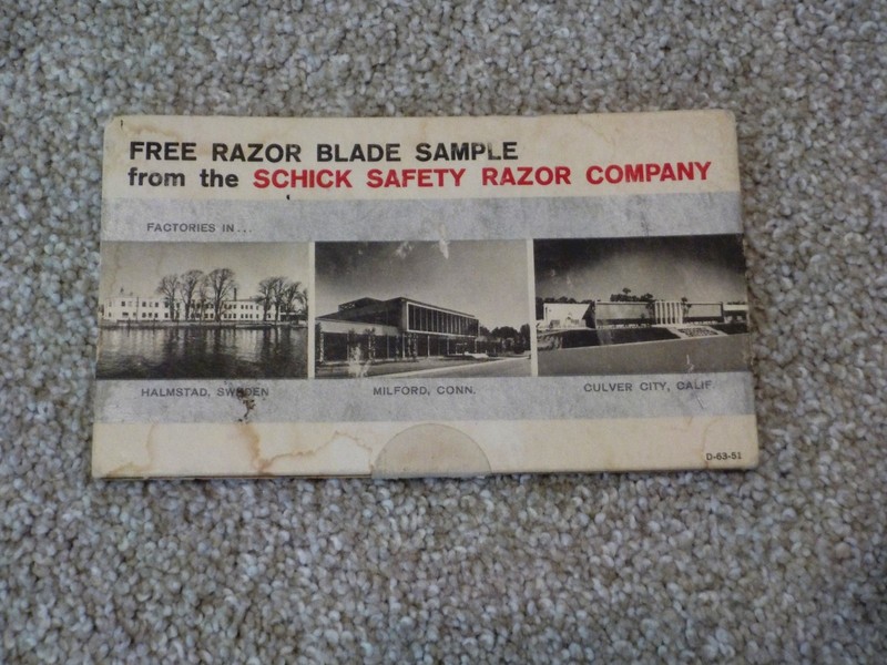 1960s era SCHICK MAIL AWAY FREE STAINLESS RAZOR BLADE PROMOTION W/ RAZOR BLADE