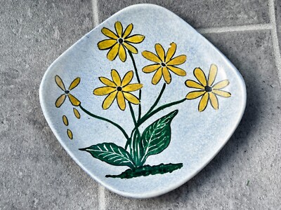 VINTAGE QUADRATISCHER KERAMIK KERAMIKTELLER GELB BLUMENMUSTER