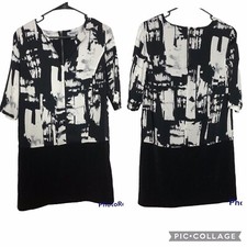 DKNY Shift Dress Geo Print XXS XS Black White  Tunic $148 3/4 Sleeves Retro NEW