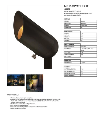 Hinkley 1536BZ MR16 50W Landscape Spot Light – Aluminum Bronze Outdoor Fixture - Picture 2 of 3