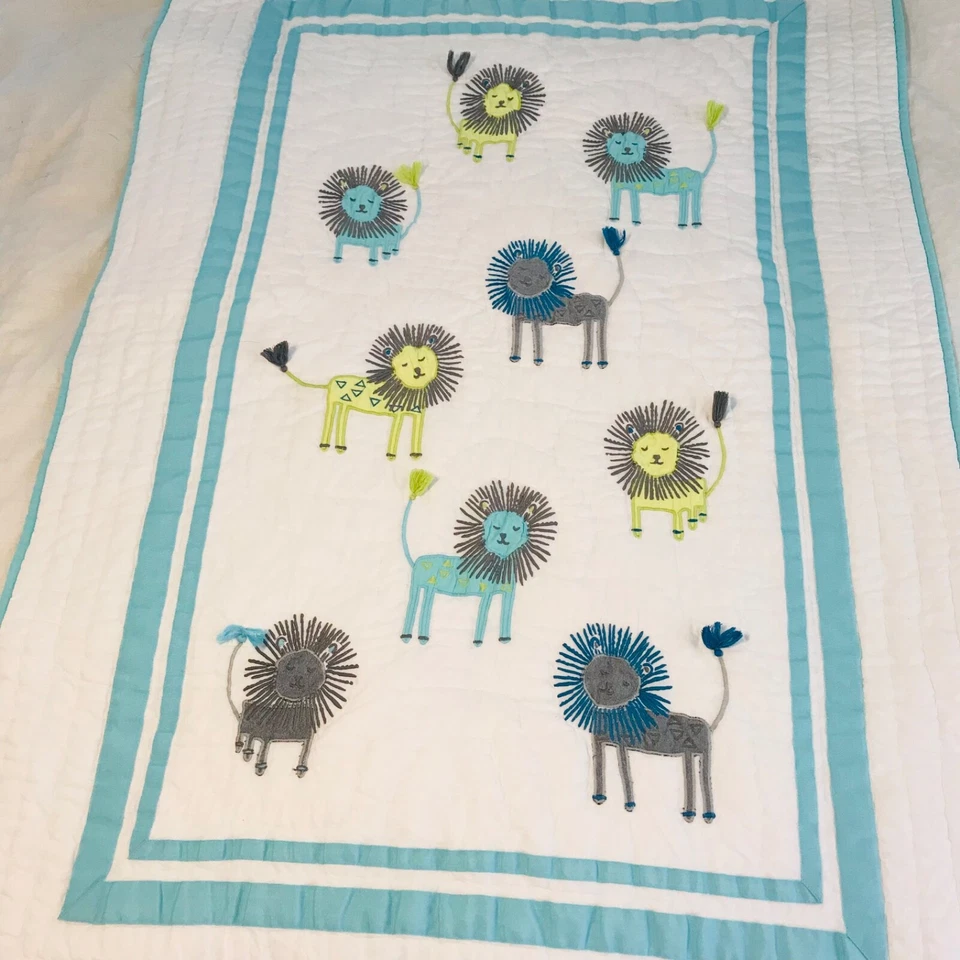 Edredón Pottery Barn bebé león algodón orgánico manta niño cuna aguamarina Foto 2 de 4