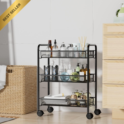 Mesh Utility Cart, Rolling Basket Stand, 3-Tier Metal Storage Trolley, Black - Picture 5 of 12