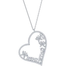 Classic Women's Necklace Sterling Silver White CZ Heart and Butterflies M-6663