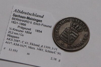     GERMANY SAXONY-MEININGEN 1/2 KREUZER 1854 SHARP DETAILS B79 #Z7055