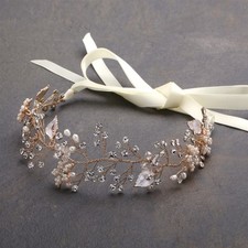 Silver or Rose Gold Crystal Wired Flower Leaf Bridal Hair Vine Ribbon Headband