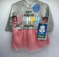 Girls Size 0-3M Gerber 2-Piece Dress Set Diaper Cover Organic Cotton Gray Pink