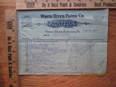 White River paper company White River junction Vermont 1919 billhead