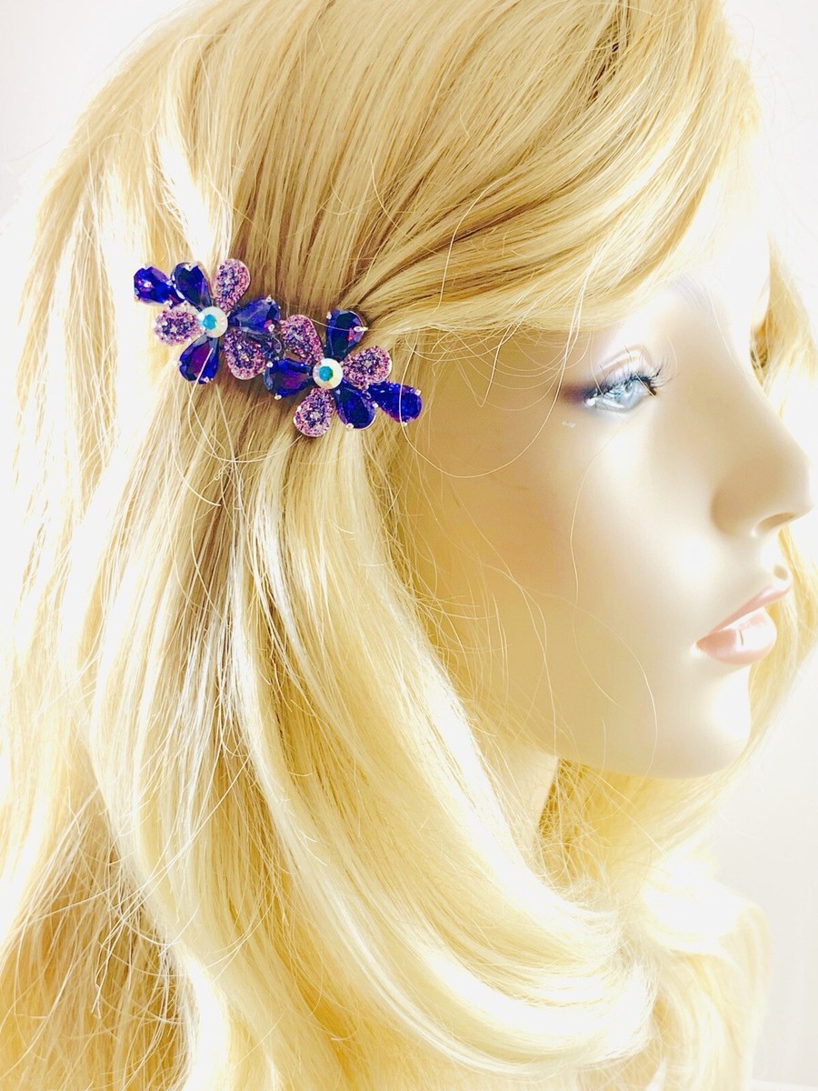 Medusa Swarovski Multi-Pastel Jeweled Flowers Crystal Hair Barrette Incredible! Swarovski Sapphire Blue Floral Crystal Hair Clips, Fancy  main image 3