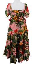 Farm Rio Dress Womens Medium Maxi Pink Cocoa Forest Floral Leaf Ruffle Tiered